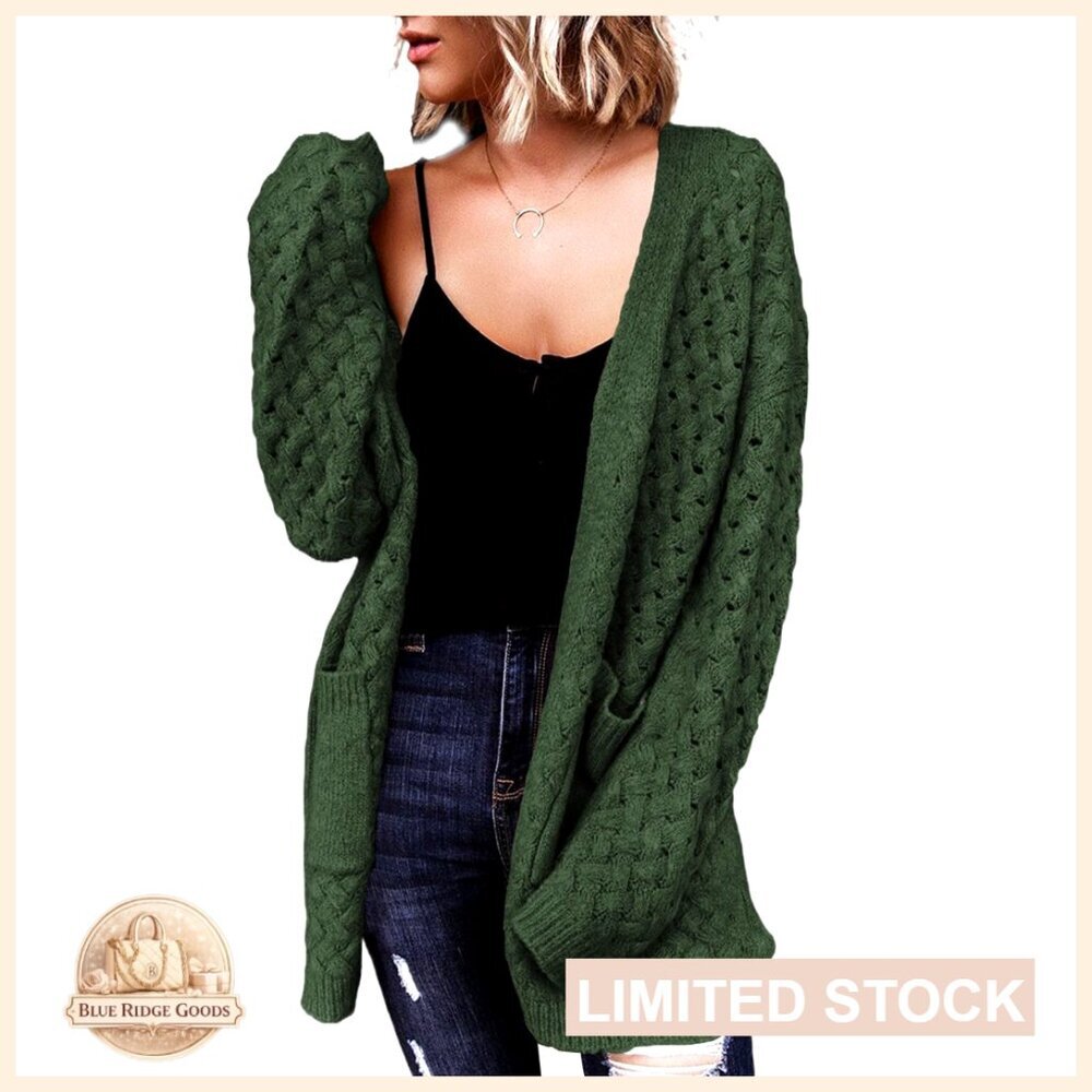 Open Front Long Sleeve Chunky Cable Knit Cardigan Sweater with Pockets